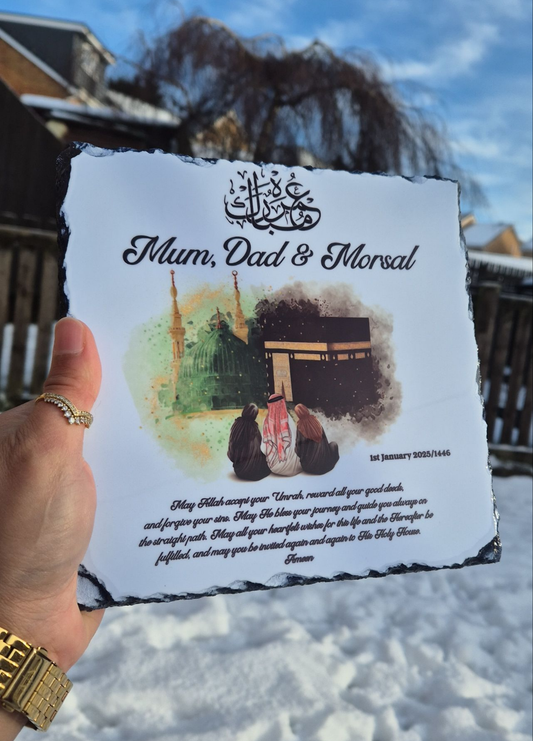 Hajj / Umrah Mubarak Gift Personalised illustrated slate(Sitting)