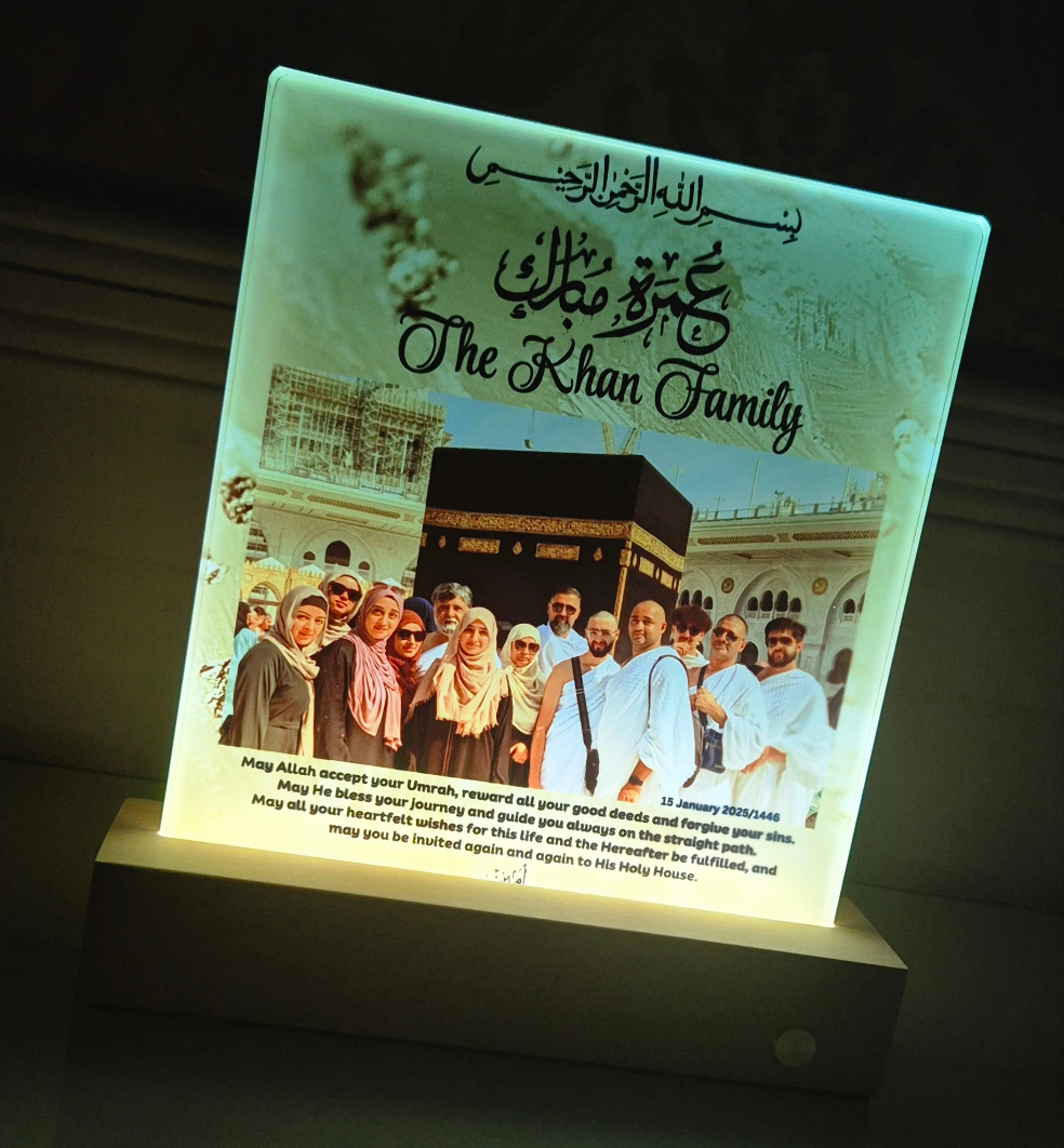 Umrah Mubarak Glass Photo Panel with LED Wireless Base