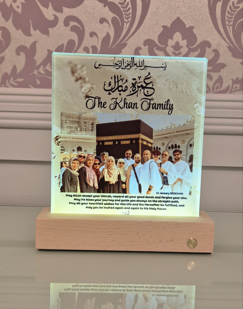 Umrah Mubarak Glass Photo Panel with LED Wireless Base