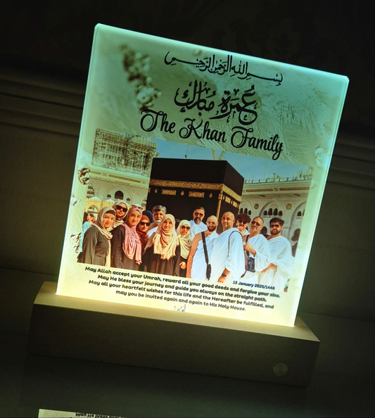 Umrah Mubarak Glass Photo Panel with LED Wireless Base