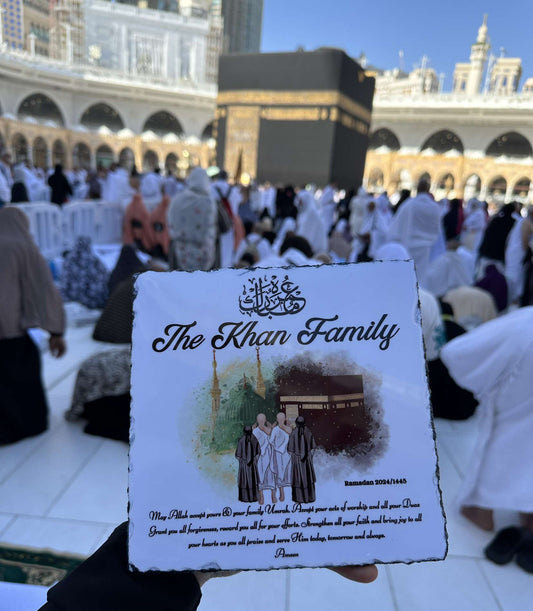 Personalised Umrah & Hajj Mubarak Gift – Custom Illustrated Rock Slate (Standing Couple/Family)