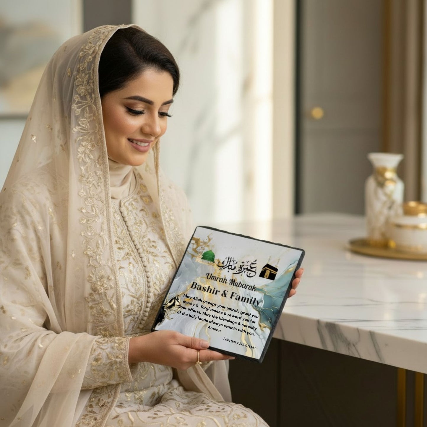 Classic Hajj & Umrah Mubarak Personalised Slate – Elegant Islamic Calligraphy Gift